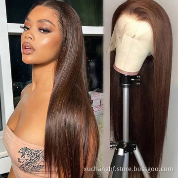 Factory wholesale price 100% Brazilian human hair woman wig natural brown color Body Wave 4*4 lace frontal wig with baby hair